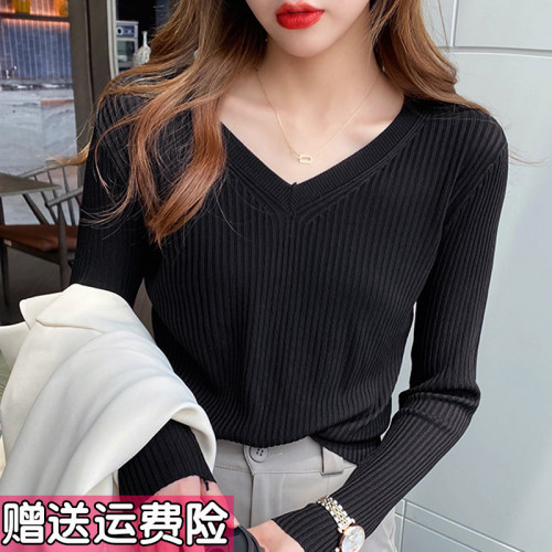 v领针织衫女大码2026年新款毛衣春秋薄款长袖打底衫内搭早秋上衣 - 图1