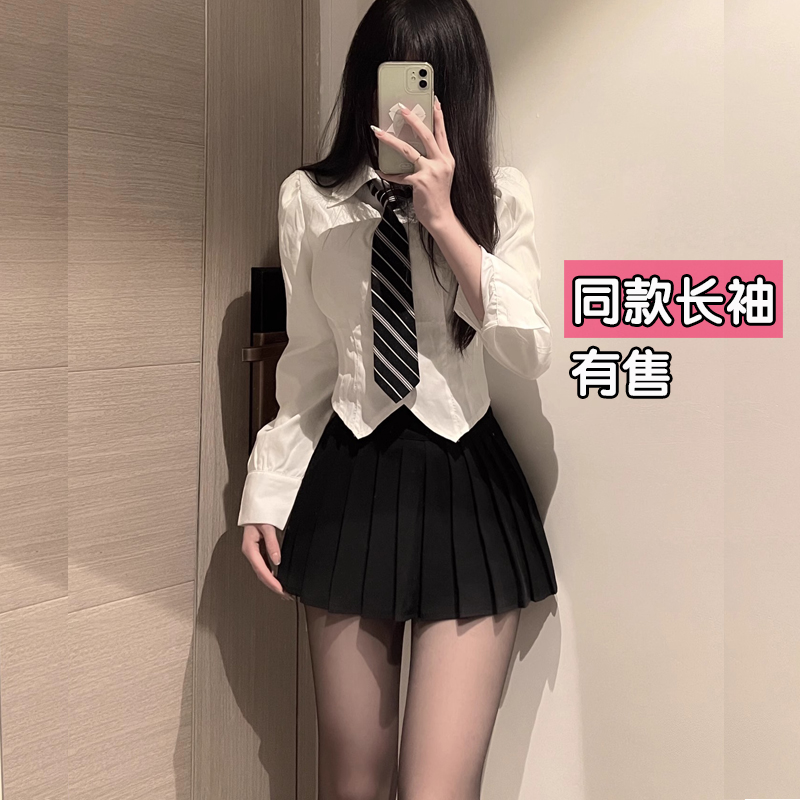 大码JK制服套装夏短袖白色衬衫女设计感小众纯欲衬衣上衣胖mm短裙