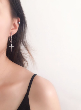 韩系流苏小众设计感十字架耳钉女