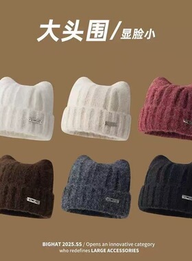 秋冬季羊毛绒新款毛线帽百搭显脸小大头围防寒保暖护耳针织帽子女