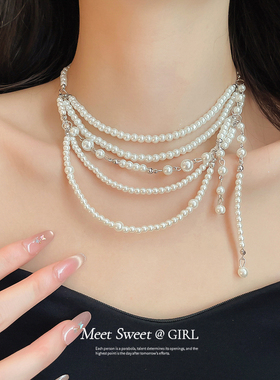 法式多层叠戴珍珠项链颈链choker