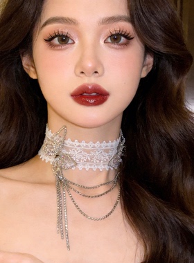 花边镶钻蝴蝶流苏颈链配饰女