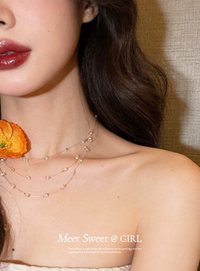 橙色花朵串珠流苏项链锁骨链女