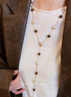 y字咖色虎眼石珍珠款项链