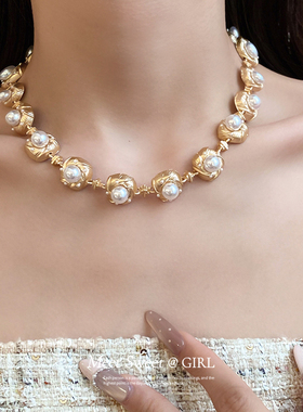 方形圆形珍珠项链法式复古锁骨链