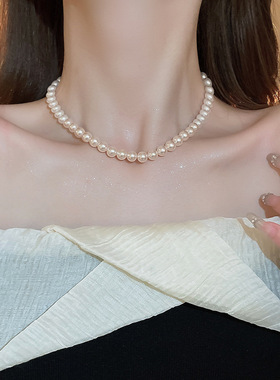 渐变樱花粉珍珠串珠项链女款