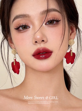 红色耳饰银杏叶扇形独特漂亮耳环