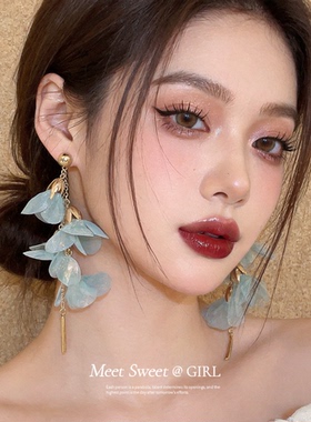 超仙绿色花朵网纱耳夹高级耳环女