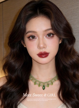 绿色玻璃串珠花边choker项链女