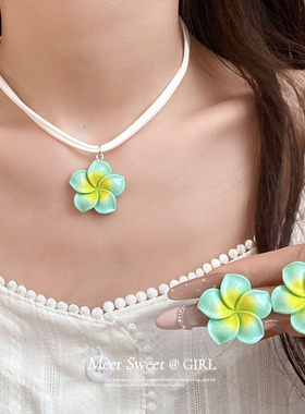 双层树脂花朵耳钉项链套装