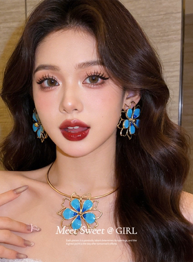粉色滴油花朵耳钉项圈套装女