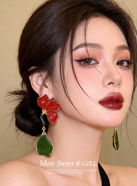 复古红色花朵耳钉轻奢夸张