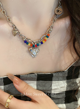 褶皱爱心彩色圆珠项链