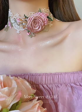 粉色蕾丝花朵项链蕾丝choker