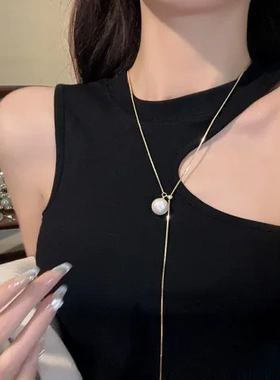 项链不掉色毛衣链圆球高级感轻奢长款流苏可调节珍珠女钛钢抽拉式