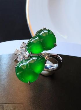镀S925银高冰透种帝王绿葫芦高颜值仿玉髓绿葫芦戒指气质