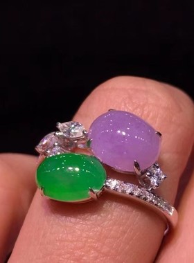 热卖仿冰种双拼玉髓蛋面戒指女镀S925银镶嵌伴钻时尚优雅气质