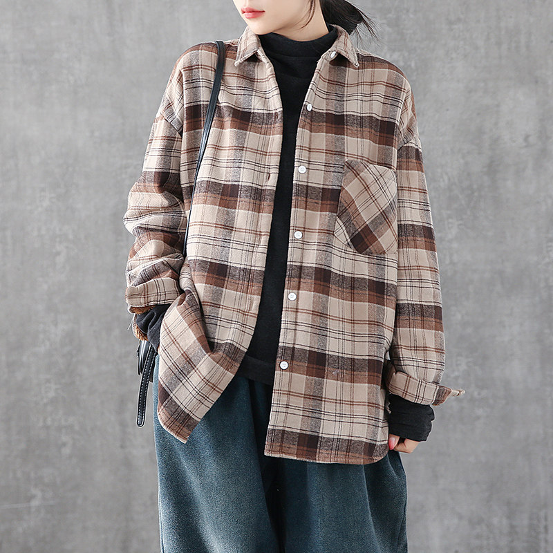 秋冬装文艺范加绒加厚格子打底衫 dza衬衫