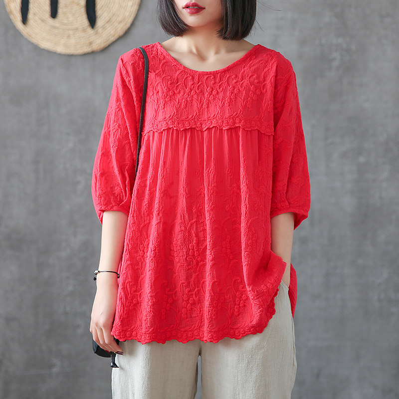 dza纯色提花七分袖娃娃衫装棉衬衫 dza衬衫