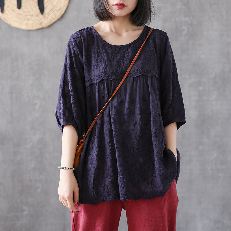 dza纯色提花七分袖娃娃衫装棉衬衫 dza衬衫