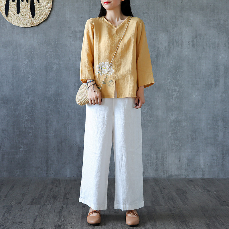 dza复古小v领开叉荷花七分袖t恤 dzaT恤