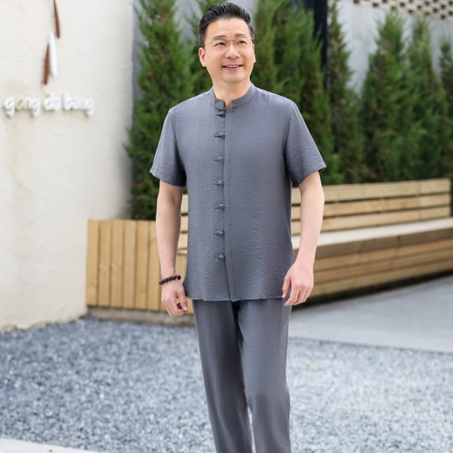 中老年人唐装男爸爸夏装短袖汉服中国风爷爷夏季衣服冰丝棉麻套装