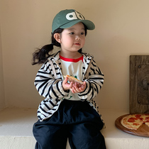 (Special Price Spot) Chunqiu Childrens Korean version cardio-shirt striped jacket new male and female child casual even hat blouses