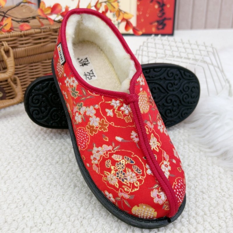复古新中式棉鞋红色花卉图案老北京传统布鞋一脚蹬奶奶棉鞋加绒鞋,淘宝优惠券,粉丝福利购,淘宝优惠卷