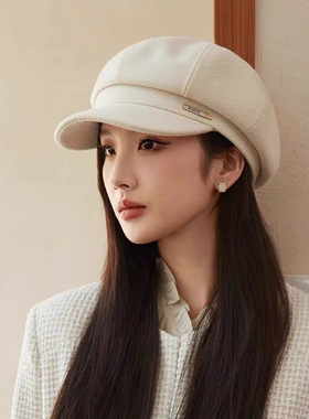 贝雷帽子女2024新款春秋大头围夏季显脸小画家黑色报童复古八角帽