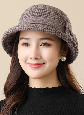 中老年帽子女妈妈渔夫帽秋冬季毛呢老人奶奶盆帽老太太老年帽春秋