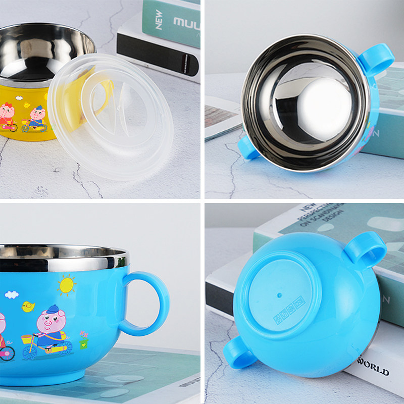 儿童碗防摔婴儿吃饭碗宝宝餐具辅食碗卡通不锈钢带盖子防烫碗钢叉