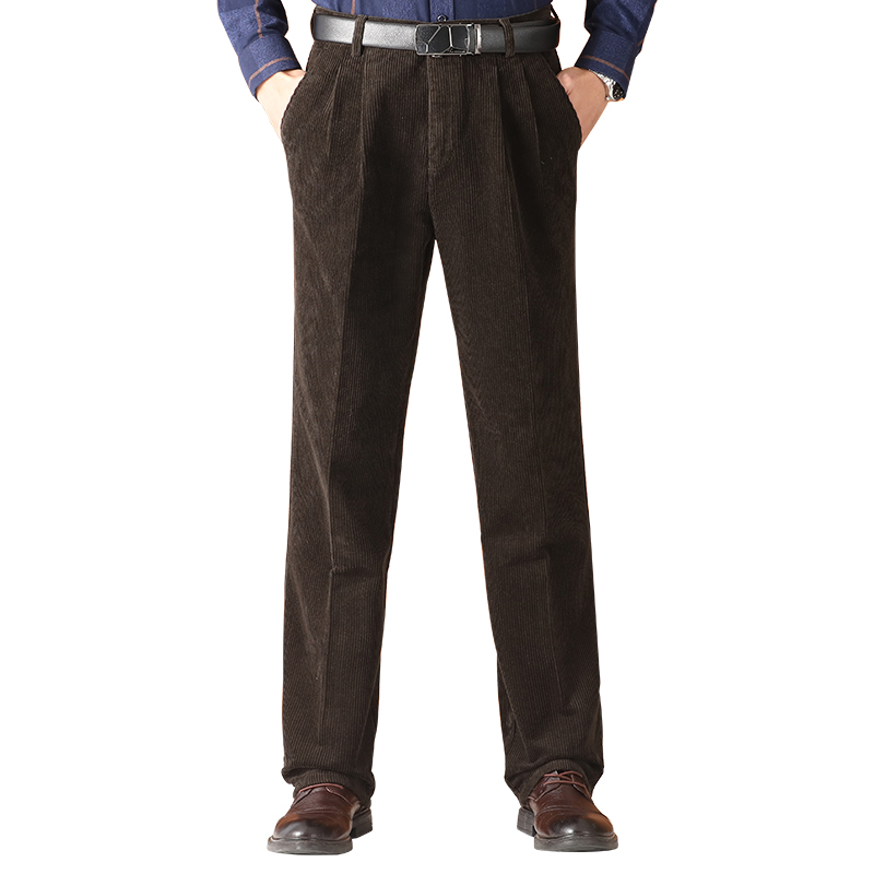 男士灯芯绒裤子宽松直筒双褶中老年男裤高腰高端条绒裤男加绒加厚