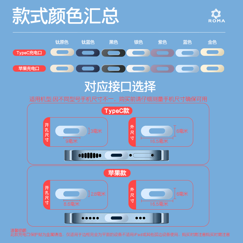 手机充电口防刮贴膜安卓TypeC小米14Pro苹果15Pro充电口保护贴vivo华为Nova电源口贴红米金属贴iPad防尘塞子 - 图1