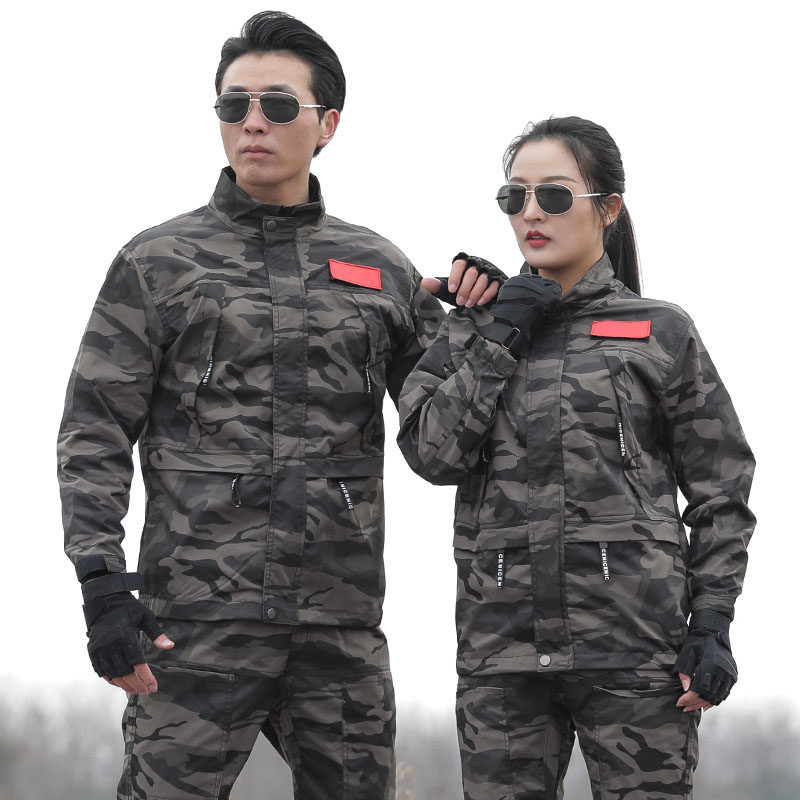 休闲迷彩服男套装夏季薄款战术服多口袋松紧腰弹力工作服女军套装_虎窝淘