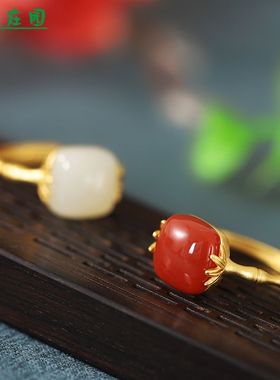 s925纯银镀金和田玉复古开口