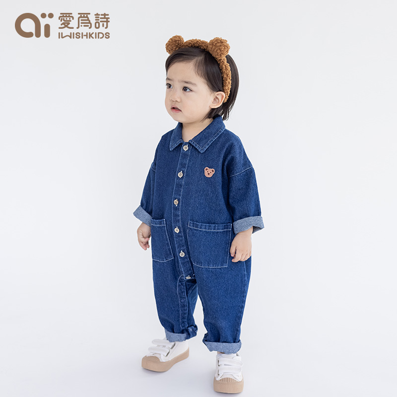 iwishkids 婴儿连体衣春秋纯棉牛仔衣服春秋季新款宝宝哈衣爬服棉 - 图0