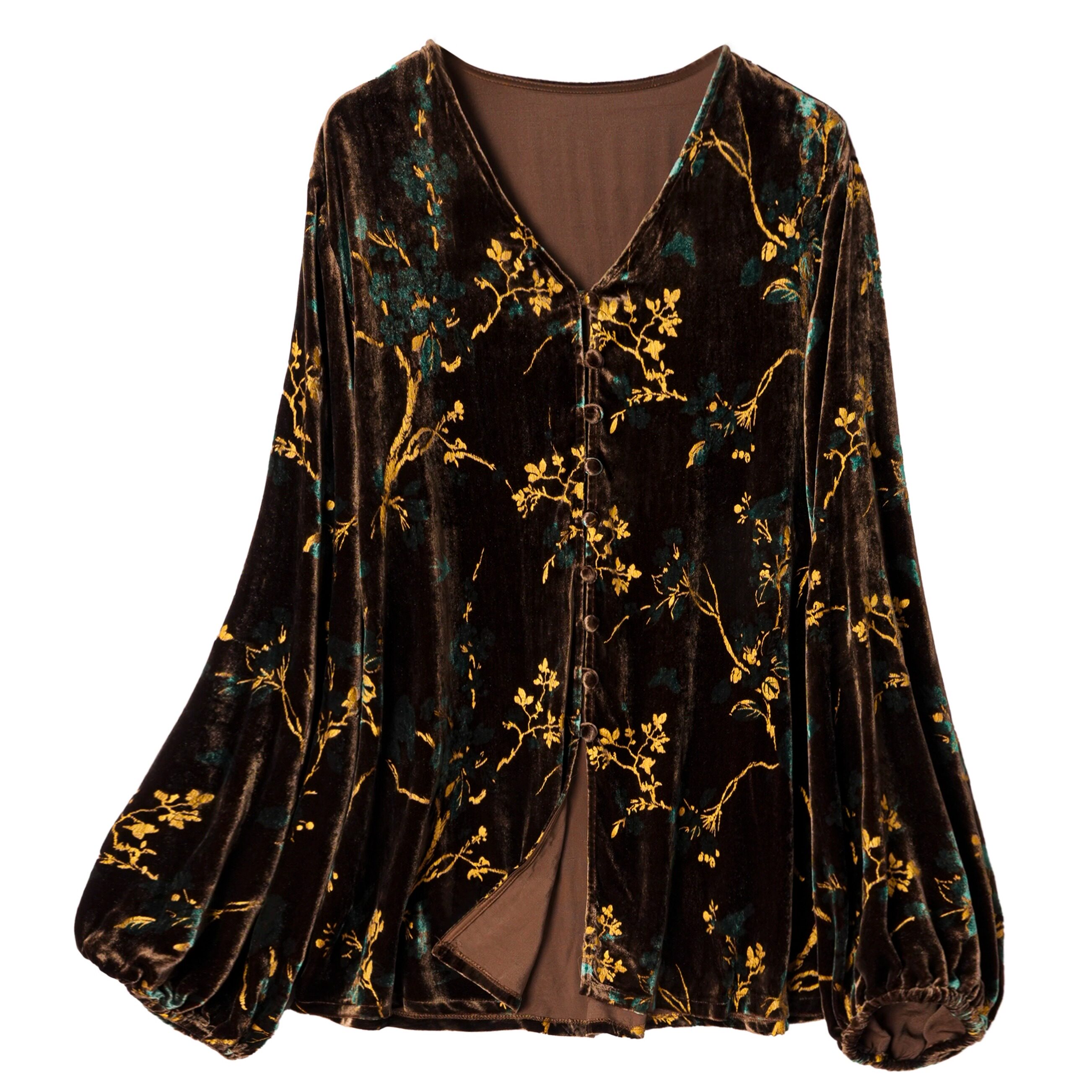 墨玉青枝！真丝丝绒上衣女秋季新款轻奢高定桑蚕丝V领衬衫打底衫