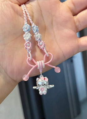 足银999爱心天使kitty猫凯蒂猫Kt猫纯银吊坠桃花编绳可爱甜美礼物