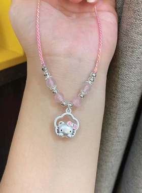 足银999纯银hellokitty猫吊坠凯蒂猫甜美项链吊坠编绳送女友礼物
