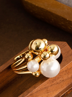 新款法式复古轻奢锆石珍珠花朵戒指女小众设计高级感百搭指环首饰