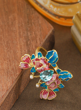 新款时尚镶钻珐琅滴油蝴蝶戒指女轻奢小众高级感百搭指环精致首饰