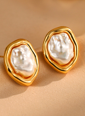 新复古不规则淡水巴洛克珍珠项链女小众高级轻奢吊坠百搭耳饰首饰