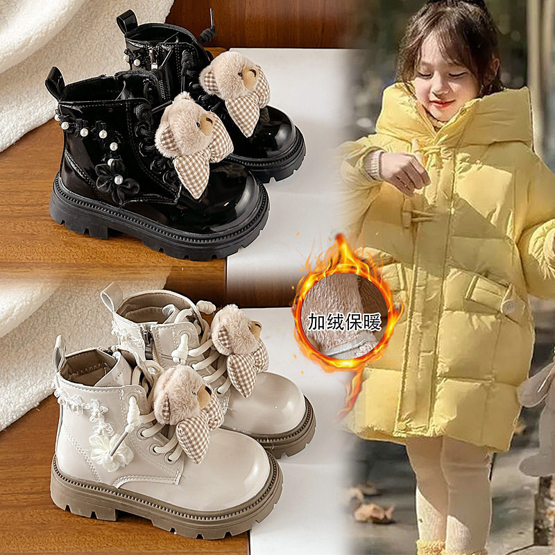 儿童卡通小熊棉靴2025年冬新款加绒女童珍珠花朵蝴蝶结保暖马丁靴,淘宝优惠券,粉丝福利购,淘宝优惠卷