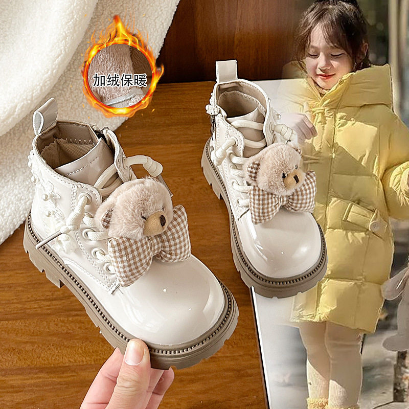 儿童卡通小熊棉靴2025年冬新款加绒女童珍珠花朵蝴蝶结保暖马丁靴,淘宝优惠券,粉丝福利购,淘宝优惠卷