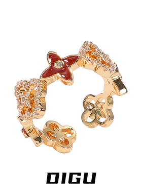 微镶闪钻四叶草戒指红色滴釉手饰