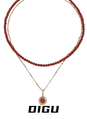两件套复古新中式酒红色串珠项链