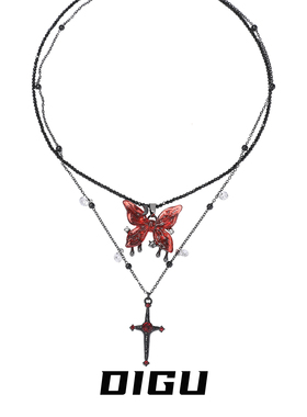 个性甜酷双层红色蝴蝶十字架项链