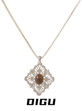 复古菱形镂空仿虎眼石吊坠项链