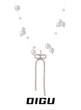 精致甜美镶钻蝴蝶结珍珠串珠项链