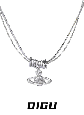 个性朋克风双层叠戴镶钻土星项链